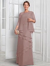levne S bundou-Modrý dvoudílný A-line formální oblek šaty matky nevěsty elegantní třpyt  lesk s náhrdelníkovým výstřihem podlahové délky šifon s polovičním rukávem a knoflíky a aplikacemi květu
