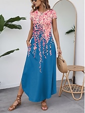 cheap Floral Dress-Women&#039;s Maxi Dress Casual Dress Vintage Vacation Regular Fit Floral Short Sleeve Crew Neck Blue Summer