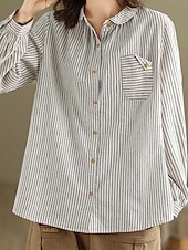 voordelige Overhemden-Dames Overhemd Katoenen linnen overhemden Knoop omhoog Blouse Gestreept Stijlvol Casual Lange mouw Overhemdkraag Normale tops Dagelijks Knop Afdrukken Zwart Wit Zomer Lente Herfst