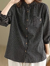 voordelige Overhemden-Dames Overhemd Katoenen linnen overhemden Knoop omhoog Blouse Gestreept Stijlvol Casual Lange mouw Overhemdkraag Normale tops Dagelijks Knop Afdrukken Zwart Wit Zomer Lente Herfst
