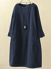olcso design pamut és len ruhák-Női Extra méret Mini ruha Vászon ihletésű ruhák hétköznapi ruha Alkalmi Napi Előírásos öltözék Háromnegyedes Terített nyak Fekete Rozsdás vörös Rubin Medence Tavasz Ősz