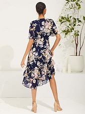 cheap Vacation Dresses-Women&#039;s Tea Length Chiffon Dress Elegant Flared Sleeve Vacation Daily Date Regular Fit Floral Short Sleeve V Neck Dark Blue Summer