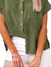 cheap Shirts-Women&#039;s Shirt Cotton Linen Shirts Button Up Blouse Solid Color Basic Casual Short Sleeve Shirt Collar Regular Tops Daily Buttons Pocket Wine Army Green Summer