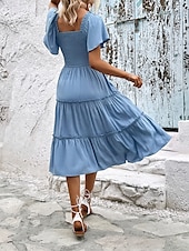preiswerte Blumenkleider-Damen Midikleid Casual kleid Schaukelkleid A Linie Kleid Stilvoll Basic Brautkleider schlicht Urlaub Täglich Regular Fit Glatt Kurzarm Quadratischer Ausschnitt Blau Sommer