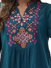 billige Boho topper-Dame Boho skjorte Elegant Bohem Daglig Helfarge Blomstret Vanlige topper 3/4 ermer 3/4-ermer V-hals Broderi Løstsittende Arbeid Daglig Ut på byen Svart Grønn Sommer