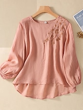 abordables Chemises-Femmes Chemise Chemisier Chemises en coton et lin Couleur Unie Basique Occasionnel manche longue Col ras du cou Hauts Réguliers Quotidien Broderie Blanche Rose Claire Fuchsia Vert Été Printemps