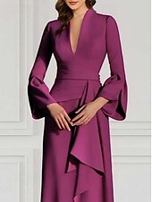abordables violet-robe de soirée sirène / trompette robe élégante robe formelle de mariage invité balayage / pinceau train manches longues col en V crêpe extensible avec plis bretelles froncées 2025