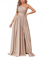 baratos Vestidos para Madrinhas-vestido de dama de honra em corte A, um ombro, sem mangas, elegante, longo, chiffon, com pregas / frente aberta / franzido 2025