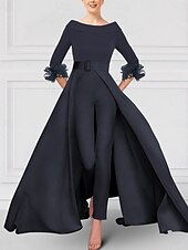 cheap Mom&#039;s Jumpsuits-Jumpsuit / Pantsuit Mother of the Bride  Elegant Party Scoop Neck Off Shoulder Ankle Length Stretch Fabric 3/4 Length Sleeve with Feather Sash / Ribbon 2025