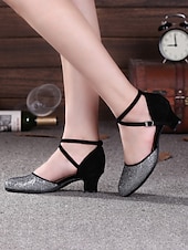 preiswerte Lateinamerikanische Schuhe-blaue und silberne Glitzer-Tanzschuhe mit überkreuzten Riemen – niedriger Absatzkomfort für Gesellschaftstanz und Bühnenbekleidung