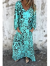 levne Tisknout květinové šaty-Dámské Maxi šaty Volnočasové šaty Boho Chic šaty Čechy Na běžné nošení Cikánský Dovolená Denní Plážové Volný Leopard 3/4 délka rukávu Do V Vodní modrá Trávová zelená Léto Jaro
