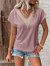 economico Top in Pizzo-Top in pizzo bianco elegante da donna con occhiello top basic casual semplice regolare maniche corte scollatura a V patchwork in pizzo regolare quotidiano romantico fine settimana top petite estivi