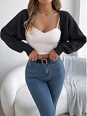 preiswerte Strickjacken und Oberbekleidung-Damen Strickjacke Pullover mit Zopfmuster Strassenmode Täglich Stilvoll Einfarbig Grobstricken Gehäkelt Öffnung vorne Ausgehöhlt Strick Raglanärmel Laternenärmel Langarm Crop Tops Stricken Heim Party