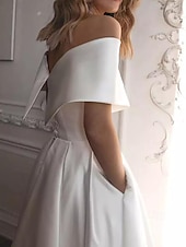economico Abiti bianchi-Fidanzamento Piccoli Abiti Bianchi Abiti da Matrimonio A-Line Spalle Scoperte Maniche Corte Lunghezza Tea Seta Abiti da Sposa con Pieghe Arricciate