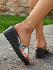 olcso Telitalpú szandálok-színes, felbújós női ékszandál etnikai mintával – kényelmes platform dizájn nyári, tengerparti és hétköznapi viselethez