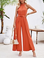 cheap Vacation Jumpsuit-Women&#039;s Normal Jumpsuit Active Solid Color Sleeveless Halter Neck High Waist Tie Belt Vacation Daily Regular Fit Red Green Summer