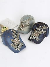 abordables Chapeaux pour femmes-casquette de baseball en denim à imprimé floral pour femme avec détails en strass et perles – chapeau décontracté tendance pour l&#039;extérieur, le quotidien et l&#039;été