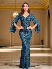 baratos AZUL-Vestido de Sereia de Noite Vintage Formal Casamento Comprimento do Chão Manga Longa Decote em V com Apliques