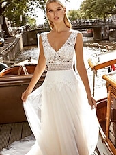 economico abiti da sposa casual-Abiti da sposa Abito da ballo Collo a V Spalline regolari Strascico cappella Abiti da sposa in raso con pieghe arricciate