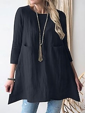 preiswerte bedruckte Kleider aus Baumwolle und Leinen-Damen Minikleid Baumwoll-Leinen-Kleider Freizeitkleid Stilvoll Basic Lässig Urlaub Täglich Lässiger Schnitt Einfach Dreiviertelarm Rundhalsausschnitt Grün Khaki Dunkelblau Sommer Frühling Herbst
