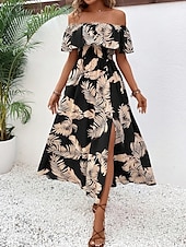 economico Abiti da vacanza-Per donna Vestito maxi Abito casual Abito linea A Moda Informale Da mare Giornaliero Standard A foglia Manica corta Senza spalline Nero Estate
