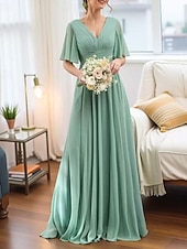 baratos Vestidos para Madrinhas-Linha A Vestido de Madrinha Decote V Manga Curta Frente Única Longo Chiffon / Elastano com Fru-Fru / Pregueado / Franzido 2022