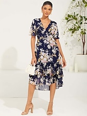 cheap Vacation Dresses-Women&#039;s Tea Length Chiffon Dress Elegant Flared Sleeve Vacation Daily Date Regular Fit Floral Short Sleeve V Neck Dark Blue Summer