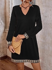 abordables robe noire midi-Femme robe longue Robe casual Robe Trapèze mode basique Décontractées Vacances Soirée robe demoiselle d honneur Standard Plein manche longue Col V Noir Eté Printemps