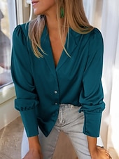 billiga Dressiga toppar-Dam Skjorta Blus Ensfärgat Affär Modern Ledigt Långärmad Tröjkrage Vanliga toppar Arbete Högtidskläder Knappar Blå Beige Sommar Vår