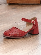 preiswerte Block Heels-Weiße Mary-Jane-Schuhe mit niedrigem Absatz für Damen – lasergeschnittenes Blumendesign, Vintage-Stil für legere und formelle Anlässe