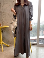 cheap Dresses-Women's Long Dress Maxi Dress Linen-feel Dresses Faux Cotton Linen Shift Dress Shirt Dress Stylish Casual Daily Vacation Date Regular Fit Plain Long Sleeve Lapel Black Wine Khaki Army Green Summer