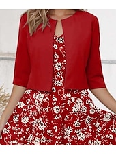abordables Robe Fleurie-Robe Midi Femme Robe Décontractée Robe en Chiffon Robe Évasée Élégante Rendez-vous Coupe Régulière Fleurie Manches Mi-longues Col V Rouge Printemps