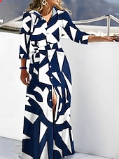 ieftine Rochii tip cămașă-Pentru femei Rochie Maxi Rochii Tip Cămașă Rochie casual Rochie A line Stilat Casual Vacanță Zilnic Fit regulat Dunga Manșon Lung Guler Cămașă Bleumarin Albastru piscină Vară