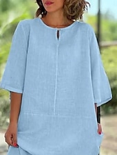 economico disegnare abiti in cotone e lino-Per donna Mini Abito Abiti in cotone e lino Vestito Casual Essenziale Casual Vacanza Quotidiano Vestibilità regolare Semplice Manica 3/4 Girocollo Giallo Vino Grigio Azzurro Estate