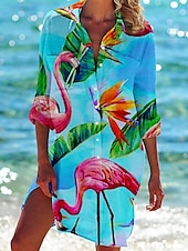 economico Abito hawaiano-Womens Mini Dress Camicia Vestito Camicie Hawaiane Fluttuante Blu Verde Animale Floreale Pocket Stampa Maniche Lunghe Vacanza Casual V Scollato Lunghe Estate Vestiti da Spiaggia