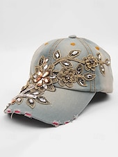 abordables Chapeaux pour femmes-casquette de baseball en denim à imprimé floral pour femme avec détails en strass et perles – chapeau décontracté tendance pour l&#039;extérieur, le quotidien et l&#039;été