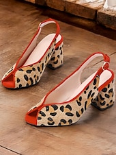 baratos sapatos slingback-Sapatos femininos de salto alto peep-toe com estampa de leopardo e acabamento vermelho e salto bloco para festas de estilo retrô e uso noturno