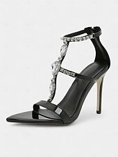 abordables Sandales de Robe-Femme Chaussures à Talons Mariage Soirée Strass Talon Cône Bout pointu Bout ouvert Mode Sexy Cuir Verni Lacet Amande Noir