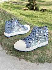 economico Sneakers da donna-sneakers alte in tela con lacci blu da donna con pannelli in rete ricamati, design a pois per abbigliamento casual e outdoor