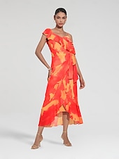 abordables Robe de cocktail-Robe mi-longue à basque pour femmes, tenue d&#039;invité de mariage, violet, orange, manches courtes, volants fleuris, cravate sur le devant, printemps &amp;amp; été asymétrique romantique s m l