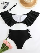 billiga Bikiniset-Dam Badkläder Bikini 2 st Kalsonger Baddräkt Volang Öppen rygg Smal Hög midja Semester Standkläder Ensfärgat Halterneck Kort ärm Baddräkter
