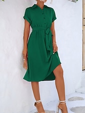 preiswerte Kleider für die Arbeit-Damen Midikleid blusenkleid Casual kleid A Linie Kleid Stilvoll Ausgefallene Arbeit Täglich Regular Fit Glatt Kurzarm Hemdkragen Rosa Grün Sommer Frühling
