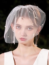 preiswerte Maskerade-Zubehör-kurzer Brautschleier mit Perlen- und Kristallverzierungen – elegantes Vintage-Hochzeitsaccessoire für Bräute, ideal für Hochzeiten und Zeremonien