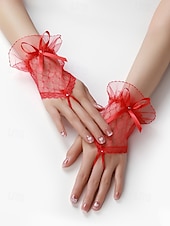 abordables Guantes de mujer-Guantes de novia elegantes de encaje blanco: guantes de novia sin dedos con lazo y detalles florales, perfectos para bodas y ocasiones especiales.