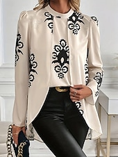 baratos Arte &amp; Design Blusas-Mulheres Camisa Social Blusa Imprimir Gráfico à moda Casual Manga Longa Gola Redonda Tops regulares Diário Branco Verão Primavera Outono