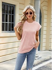 お買い得  Tシャツ-女性用 ボヘミアン T シャツ 平織り ボヘミア スタイリッシュ ベーシック 半袖 フラッタースリーブ ラウンドネック レギュラートップス 日常 お出かけ 週末 チュニック ライトグリーン ピンク ネービーブルー オレンジ グリーン 夏