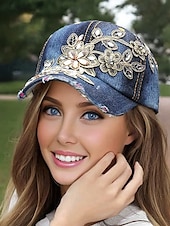 abordables Chapeaux pour femmes-casquette de baseball en denim à imprimé floral pour femme avec détails en strass et perles – chapeau décontracté tendance pour l&#039;extérieur, le quotidien et l&#039;été