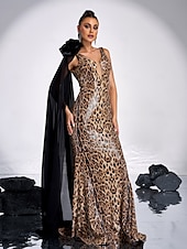 abordables JAUNE-Robe de soirée sirène / trompette, imprimé léopard, élégante, robe de carnaval, longueur au sol, sans manches, col en V, polyester avec fleur à l&#039;épaule, 2025