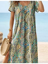 billiga Boho klänningar-Kvinnors Maxi Klänning Casual Klänning T Shirt Klänning Tee Klänning Sundress Bohemia Date Regular Fit Geometrisk Paisley Kort Ärmar Crew Neck Grön Sommar