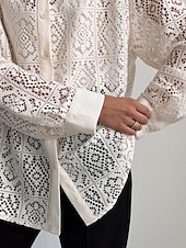 tanie Koronkowe topy-Damskie Koszula Koszula Boho Elegancja Długi rękaw Biskup Kołnierzyk koszuli Długie topy Codzienny Święto Oczko Beżowy Lato Wiosna Jesień
